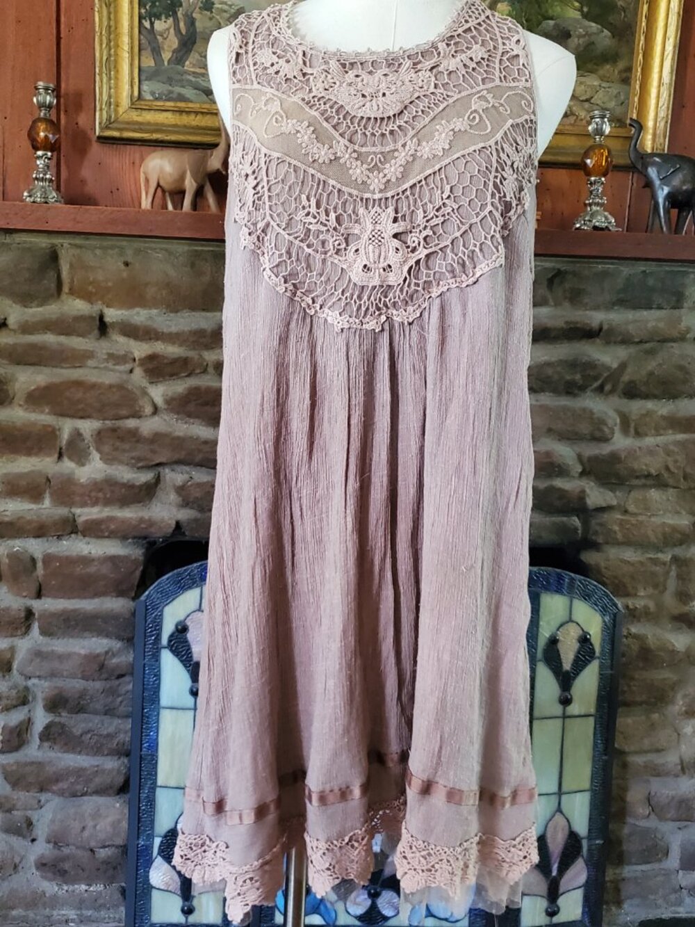 Indigo Soul Women's Large Crinkle Dress Beige Boho Cottagecore Crochet Lace